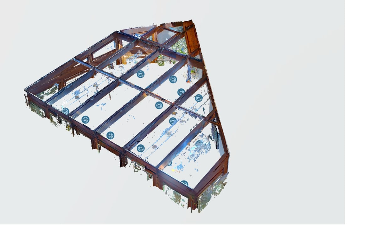 Ein 3D-Modell eines transparenten Gewächshauses mit Holzstruktur.