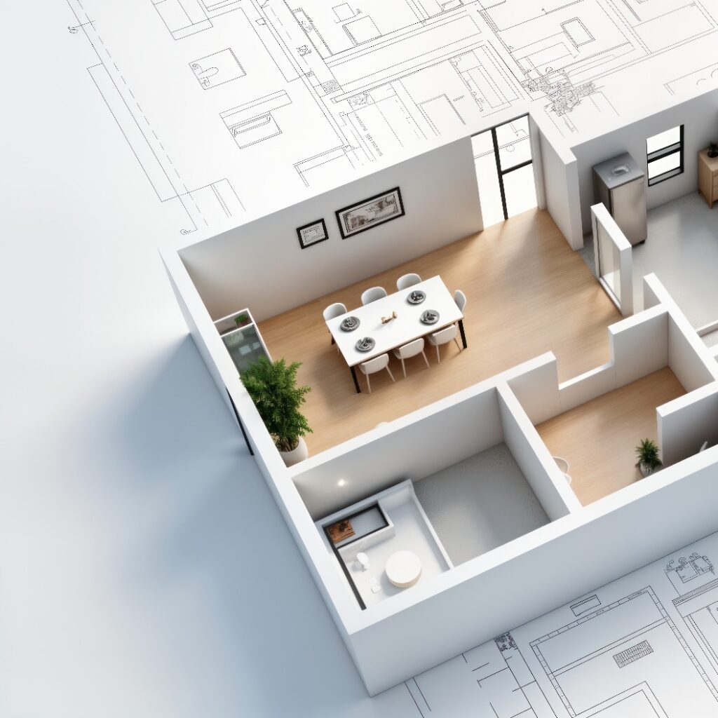 Der moderne Bauplan zeigt den Grundriss einer kleinen Wohnung. Die Inneneinrichtung umfasst einen Essbereich mit Tisch und Stühlen. Wohnzimmer und Schlafzimmer sind ebenfalls zu sehen. Grundrisse angezeigt. Das Bild ist perfekt für