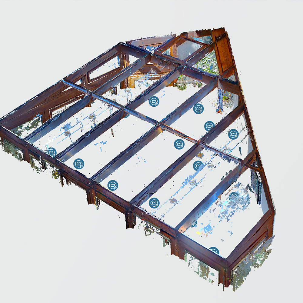 Ein unvollständiges 3D-Modell eines Terrassendaches aus Holz und Glas.